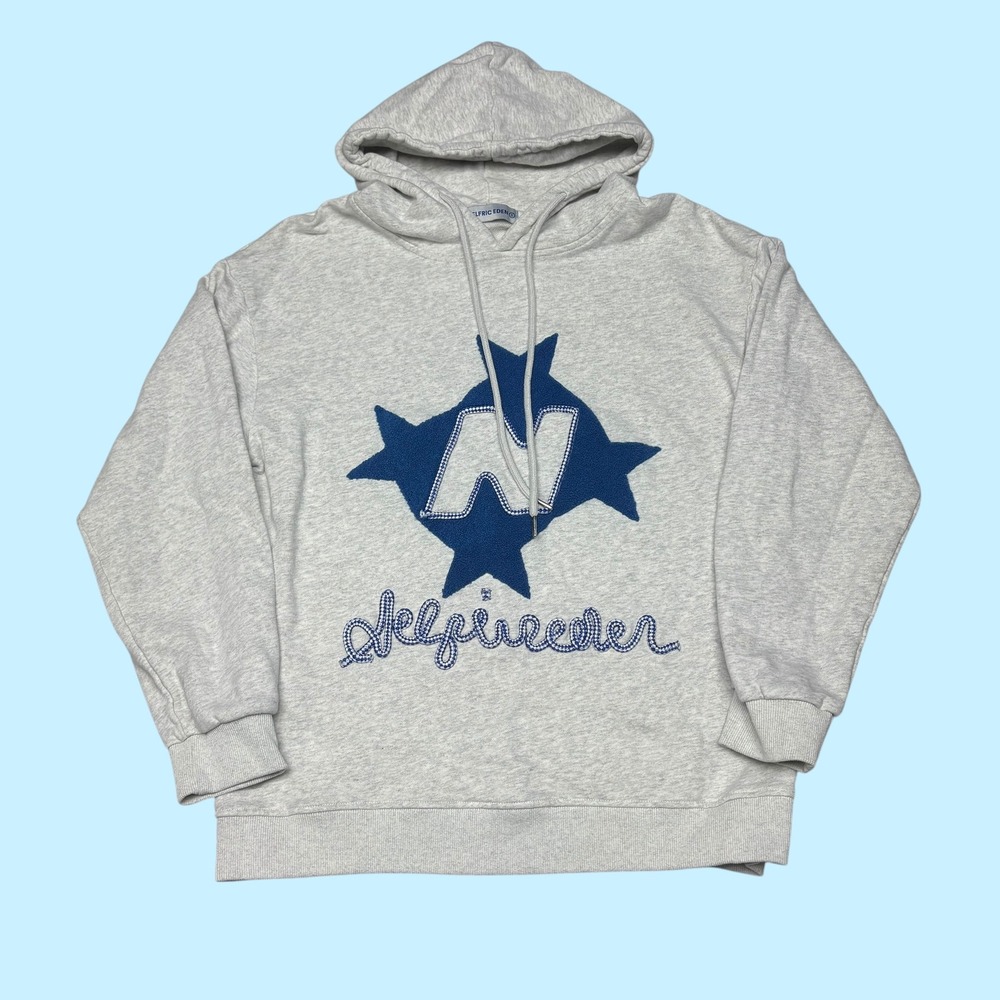 Elric Eden Mens Gray Chenille Star Patch Graphic Hoodie Small S 1506